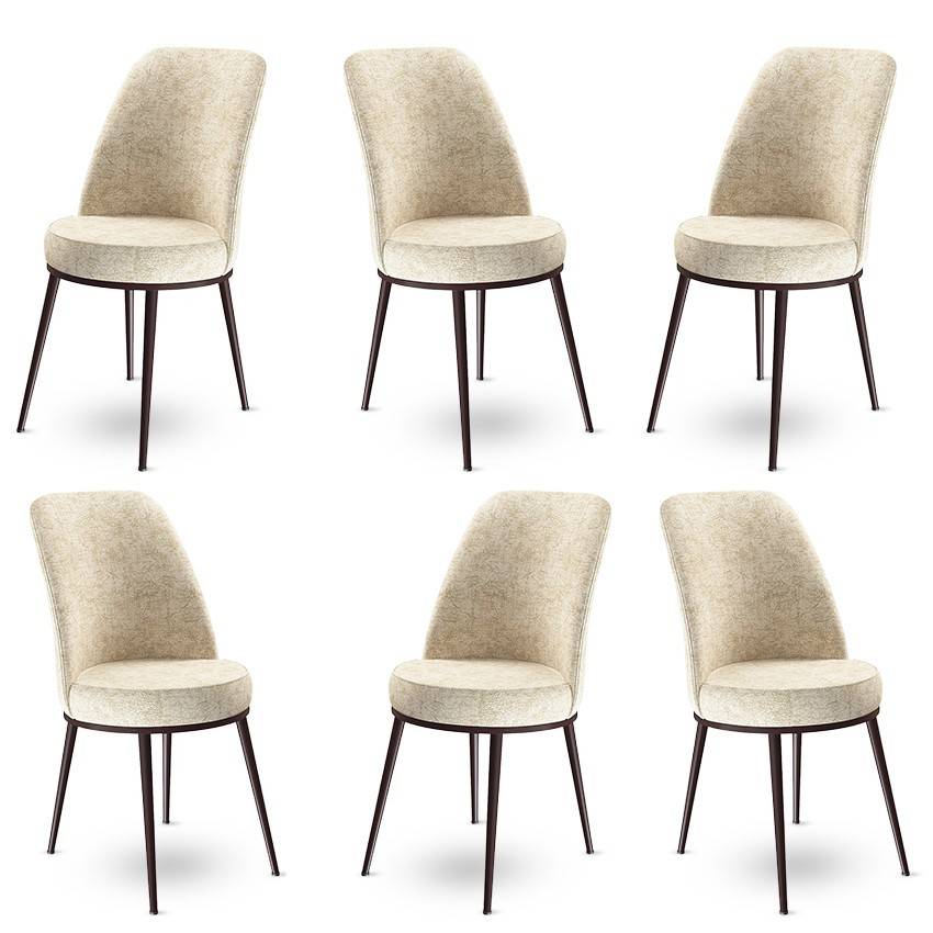Set van 6 Olgino stoelen van crèmekleurig fluweel en bruin metaal