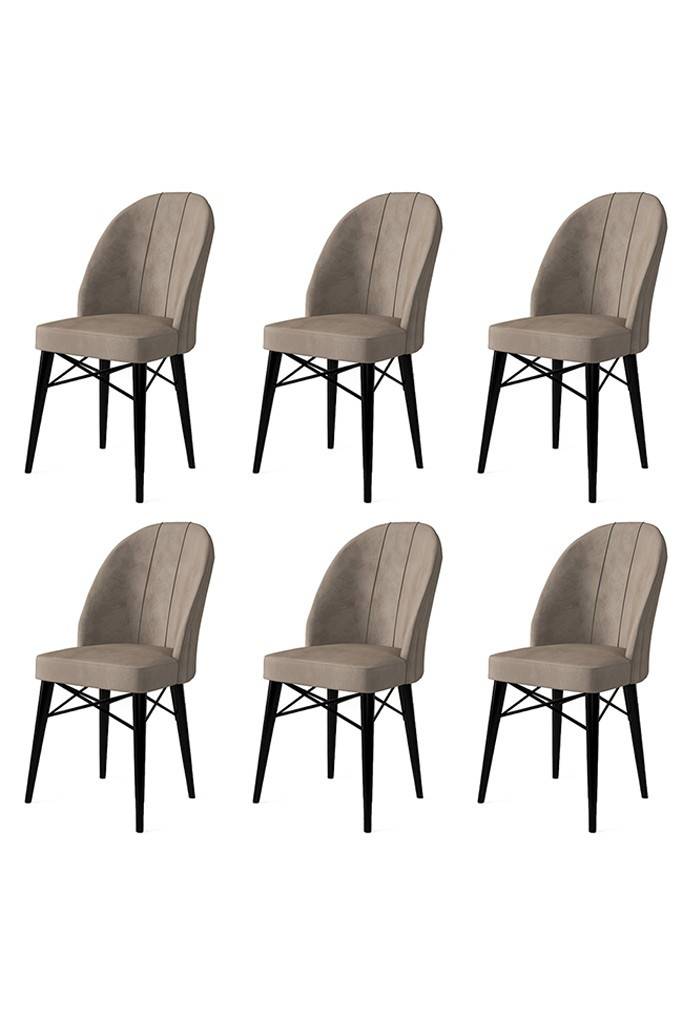 Set van 6 Veriso stoelen van cappuccino fluweel en zwart metaal