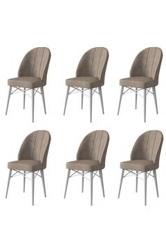 Set van 6 Veriso stoelen van cappuccino fluweel en wit metaal