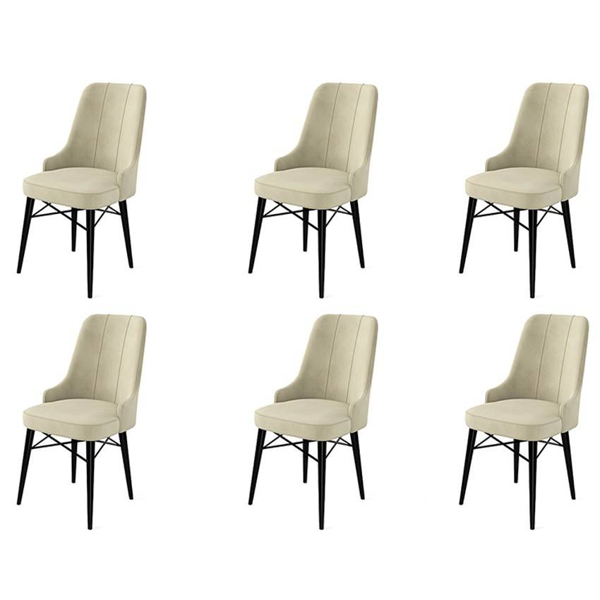 Set van 6 Komio stoelen van crèmekleurig fluweel en zwart metaal