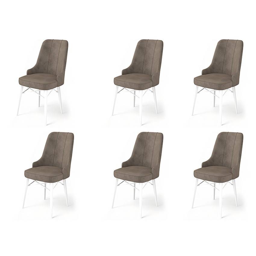 Set van 6 Komio stoelen van cappuccino fluweel en wit metaal