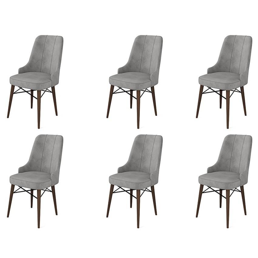 Set van 6 Komio stoelen van grijs fluweel en bruin metaal
