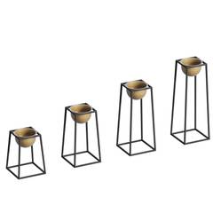 Set aus 4 Design Übertöpfen / Kerzenhaltern mit Ständer Feliz Metall Schwarz und Gold