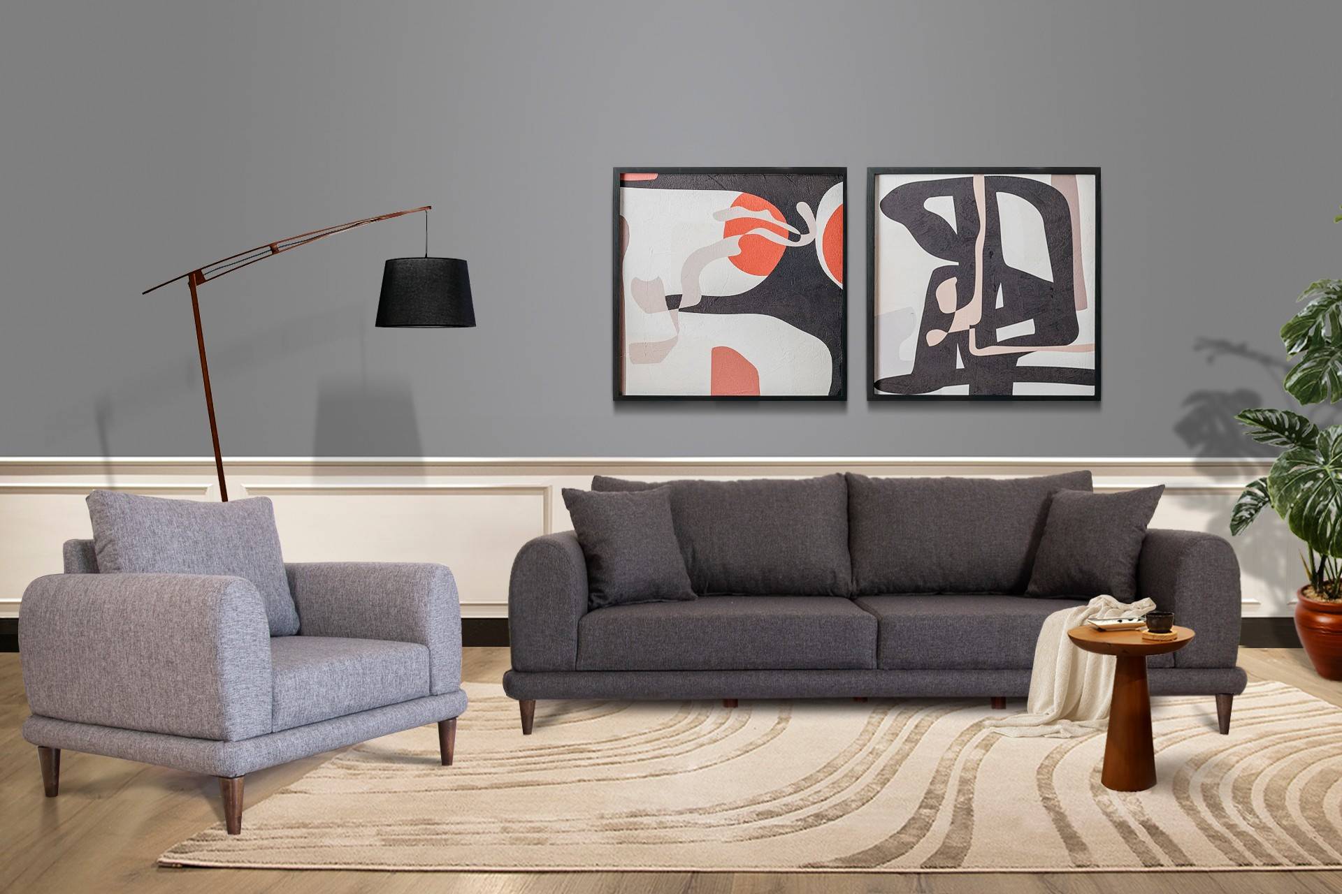 Dunkelgraues 3-Sitzer-Sofa und hellgrauer Sessel Elary in Canvas-Stoff