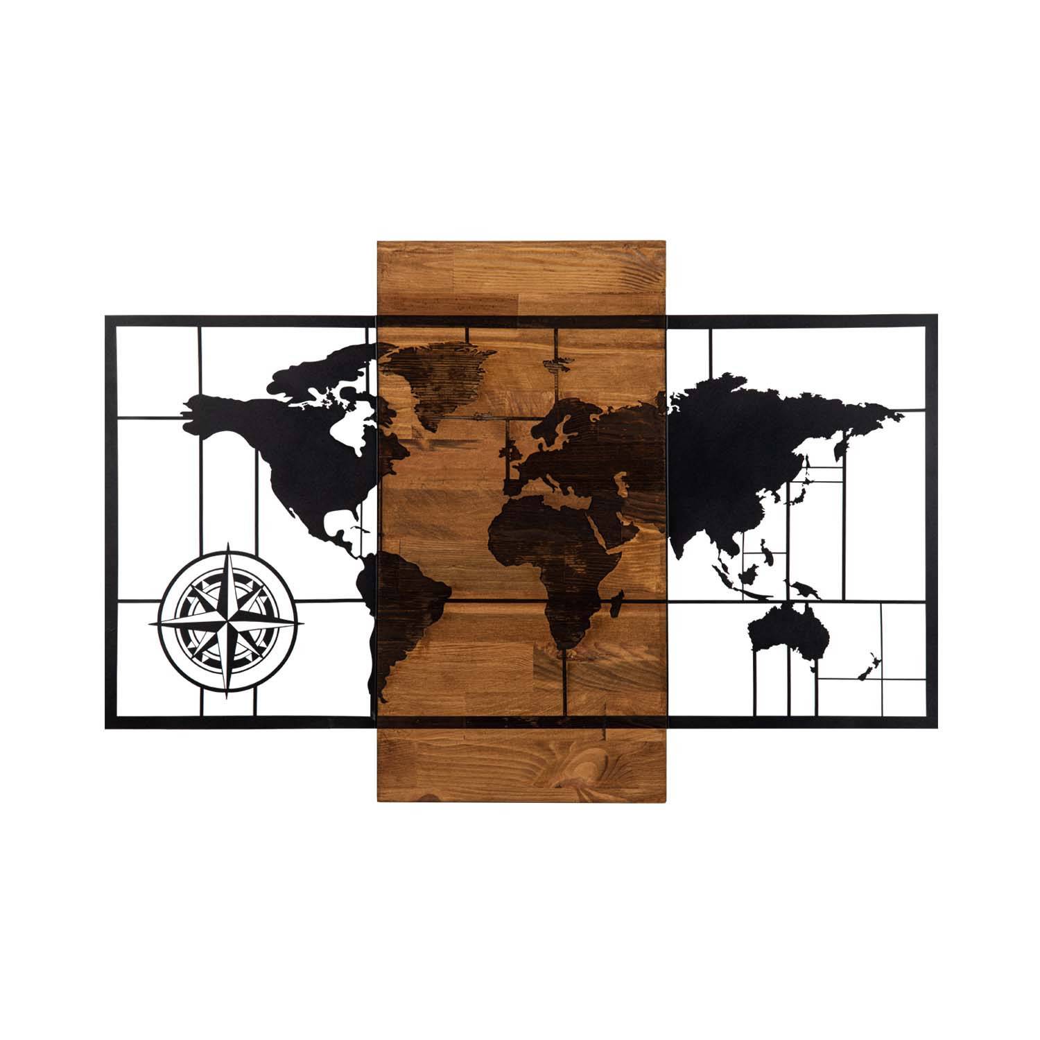Wanddecoratie Chiara wereldkaart met windstreken L85xH58cm Donker hout en zwart metaal
