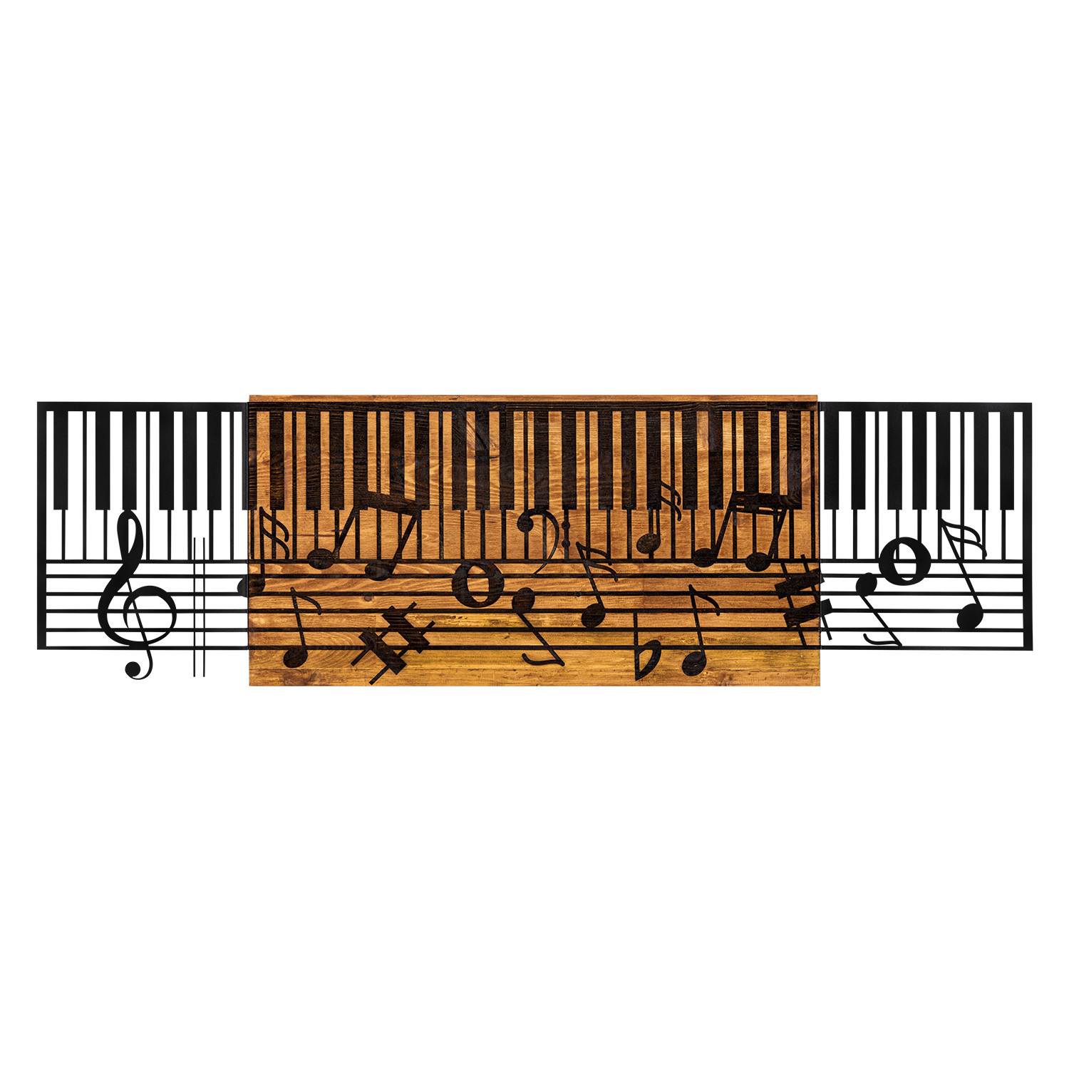 Chiara wanddecoratie L100xH30cm Pianoklavier met muziektheorie Zwart metaal en donker hout