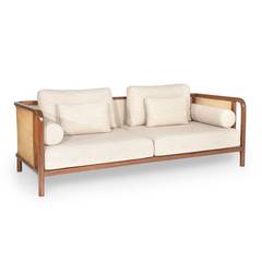 4-Sitzer-Sofa Douto Rahmen Helles Holz mit Rohrgeflecht und Leinen Cremeweiß