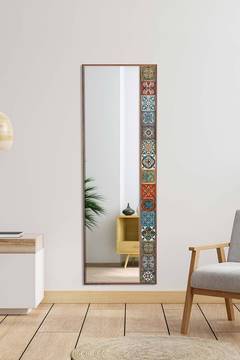 Dekorativer Spiegel Helene B50xH148cm Gehärtetes Glas und dunkles Massivholz Motiv rechts Fayence Mehrfarbig