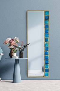 Hélène decoratieve spiegel B50xH148cm Gehard glas en donker massief hout Rechts motief Blauw en geel aardewerk