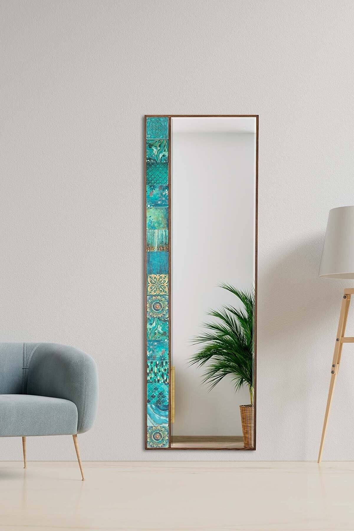 Espejo decorativo Hélène A50xA152cm Cristal templado y madera maciza oscura Motivo izquierdo Loza turquesa