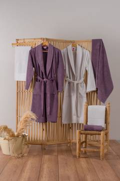 Set de baño 100% algodón de 2 albornoces y 4 toallas Camillio Purple y Light Grey