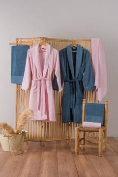 Set de baño 100 oton de 2 albornoces y 4 toallas Camillio Azul y Rosa