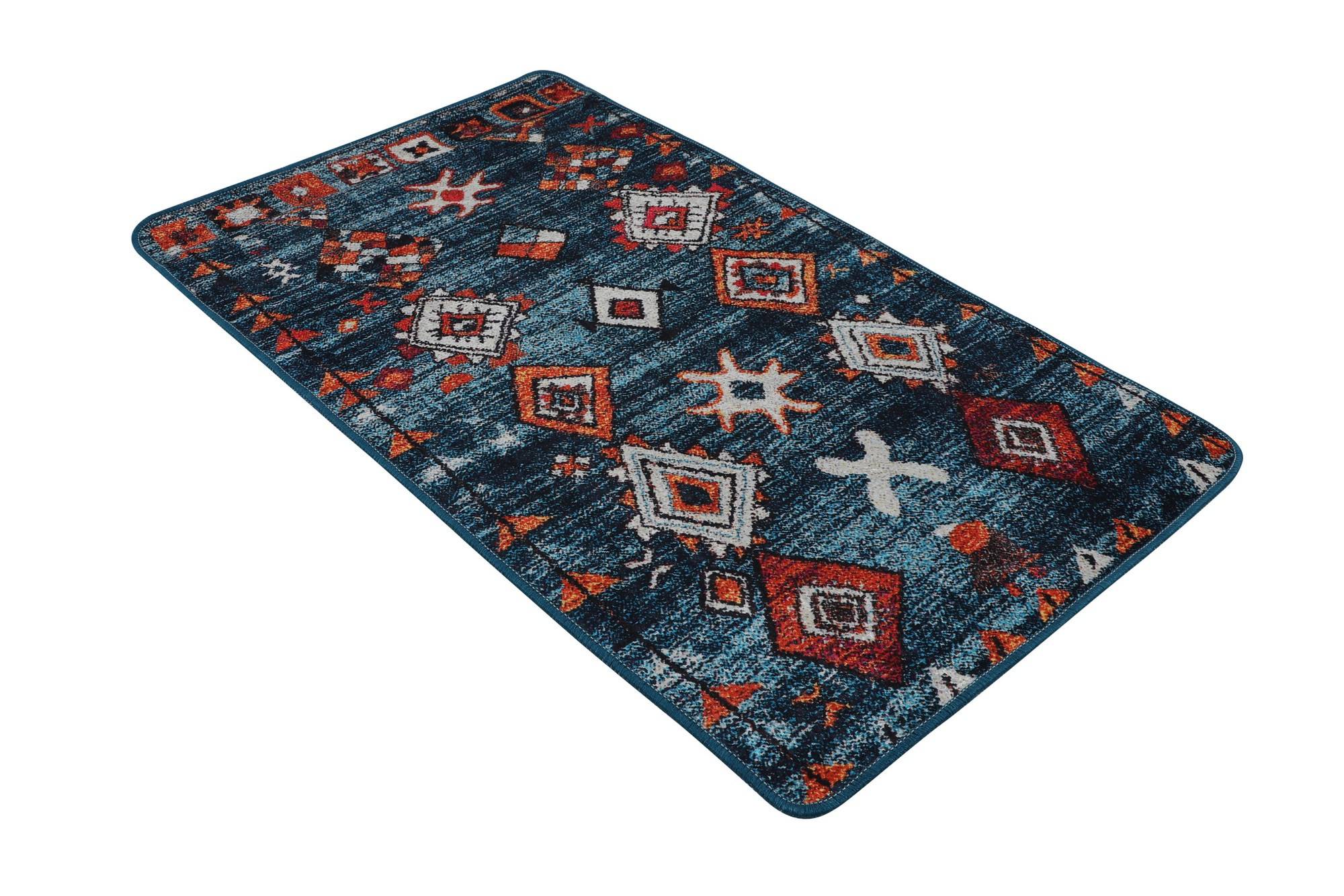 Myri alfombra de baño 70x120cm Azul y rojo Motivo étnico