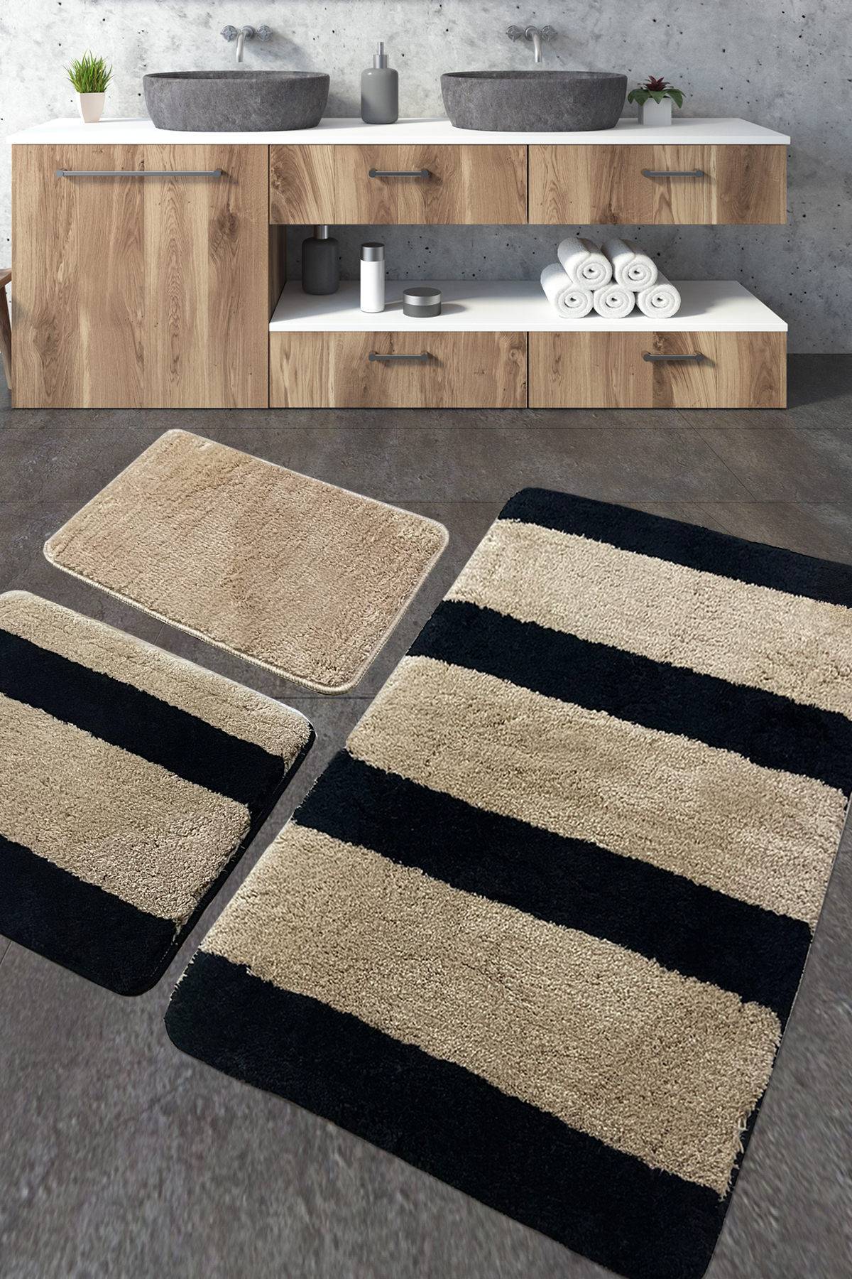 Lote de 3 alfombras de baño Vantal Motif Bandes Marrón y Negro