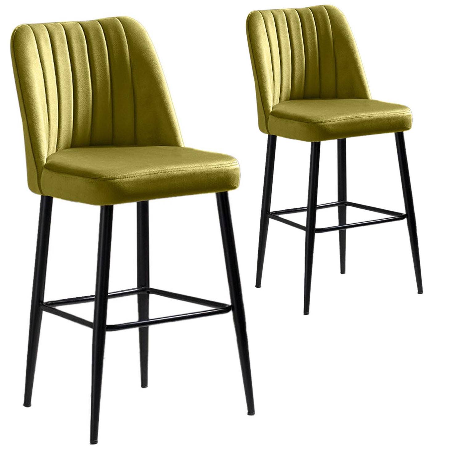Lote de 2 sillas de bar Sero de terciopelo verde amarillento y metal negro