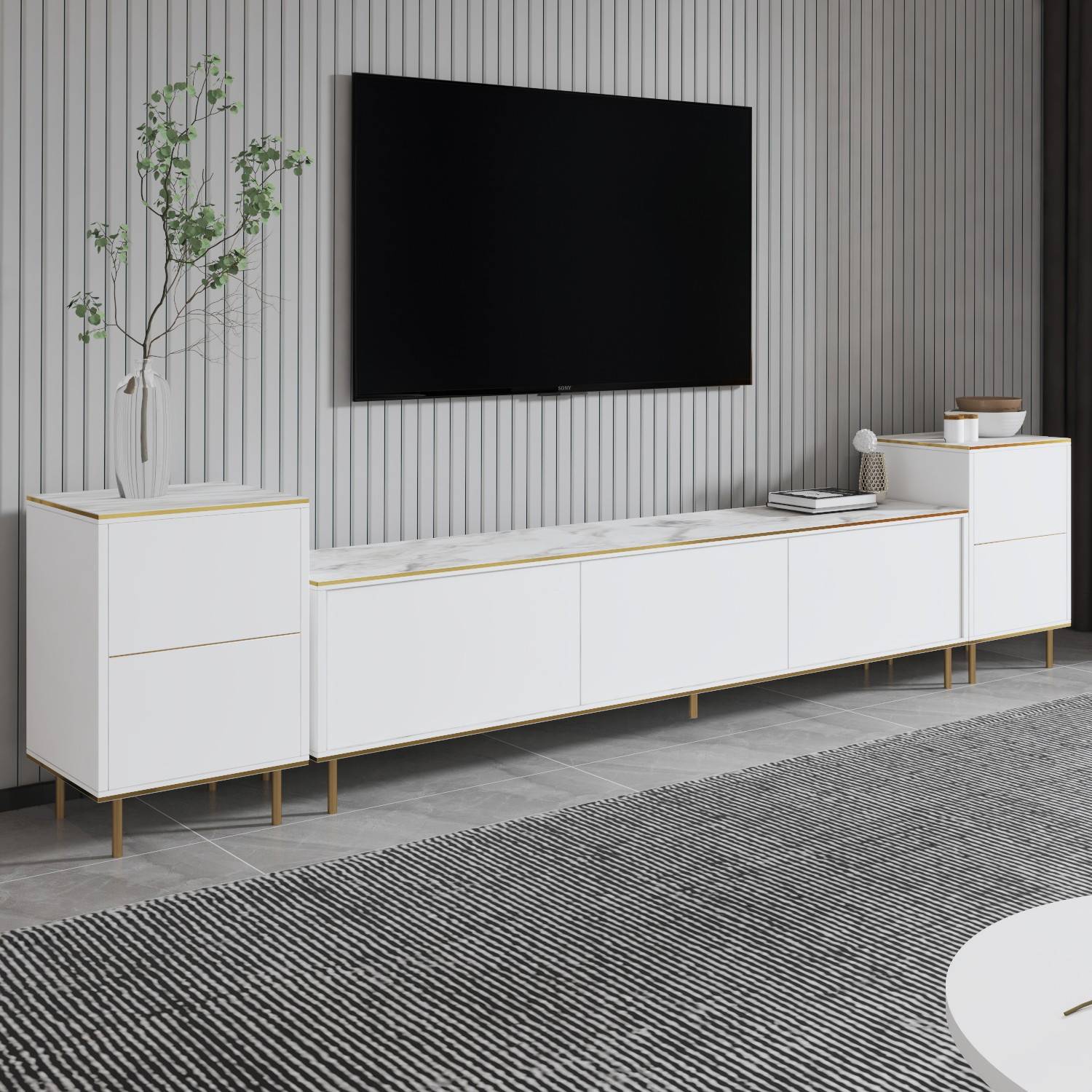 Ensemble de meuble TV et 2 tables d'appoint moderne Shonna L260cm Blanc, Effet marbre et Or