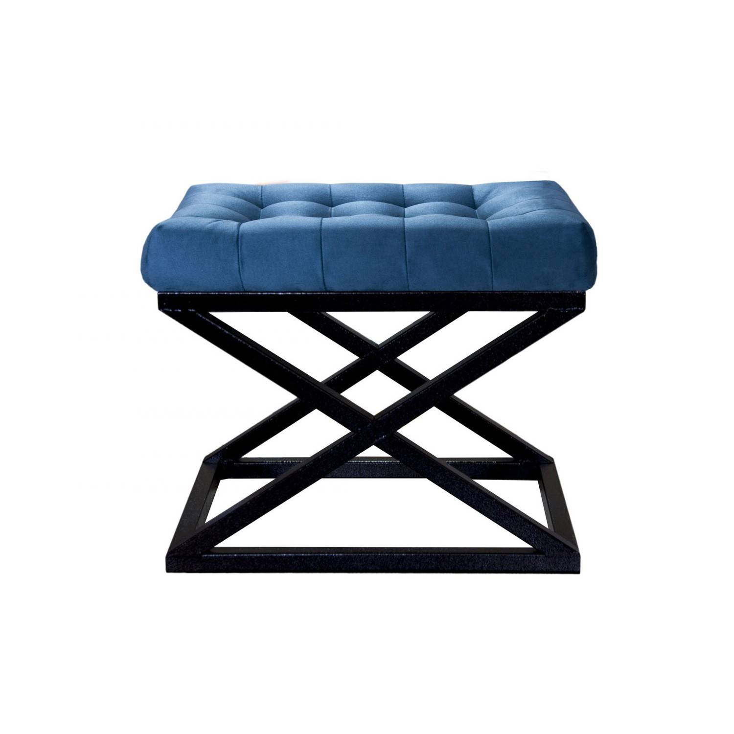 Taburete Ulad de metal negro y terciopelo azul marino, asiento tapizado