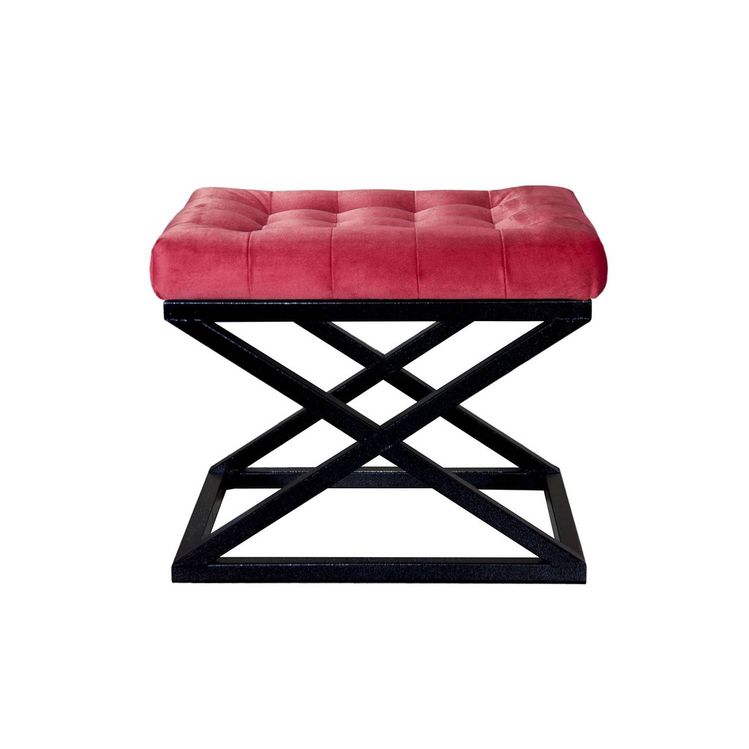 Taburete Ulad de metal negro y terciopelo rojo, asiento tapizado