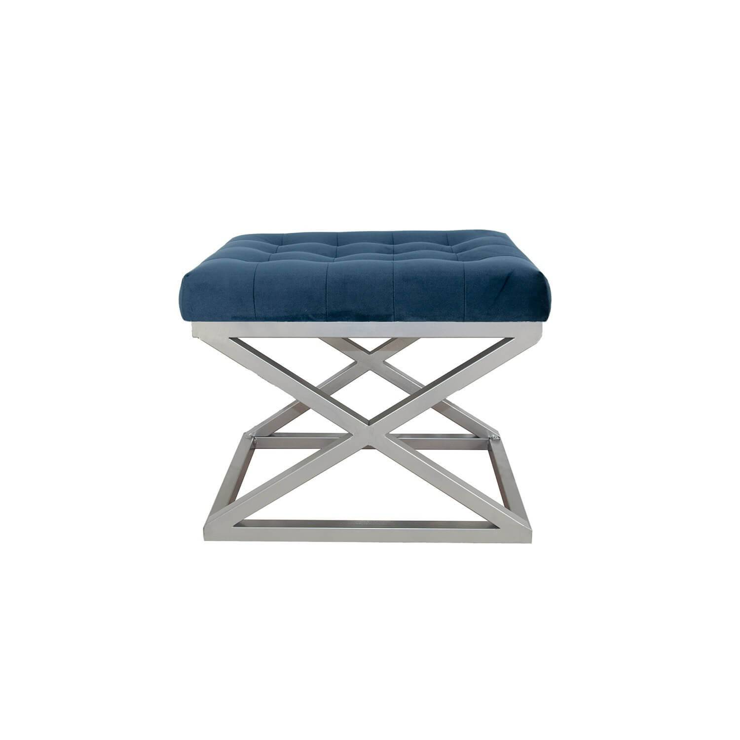 Ulad Taburete de metal plateado y terciopelo azul marino, asiento tapizado