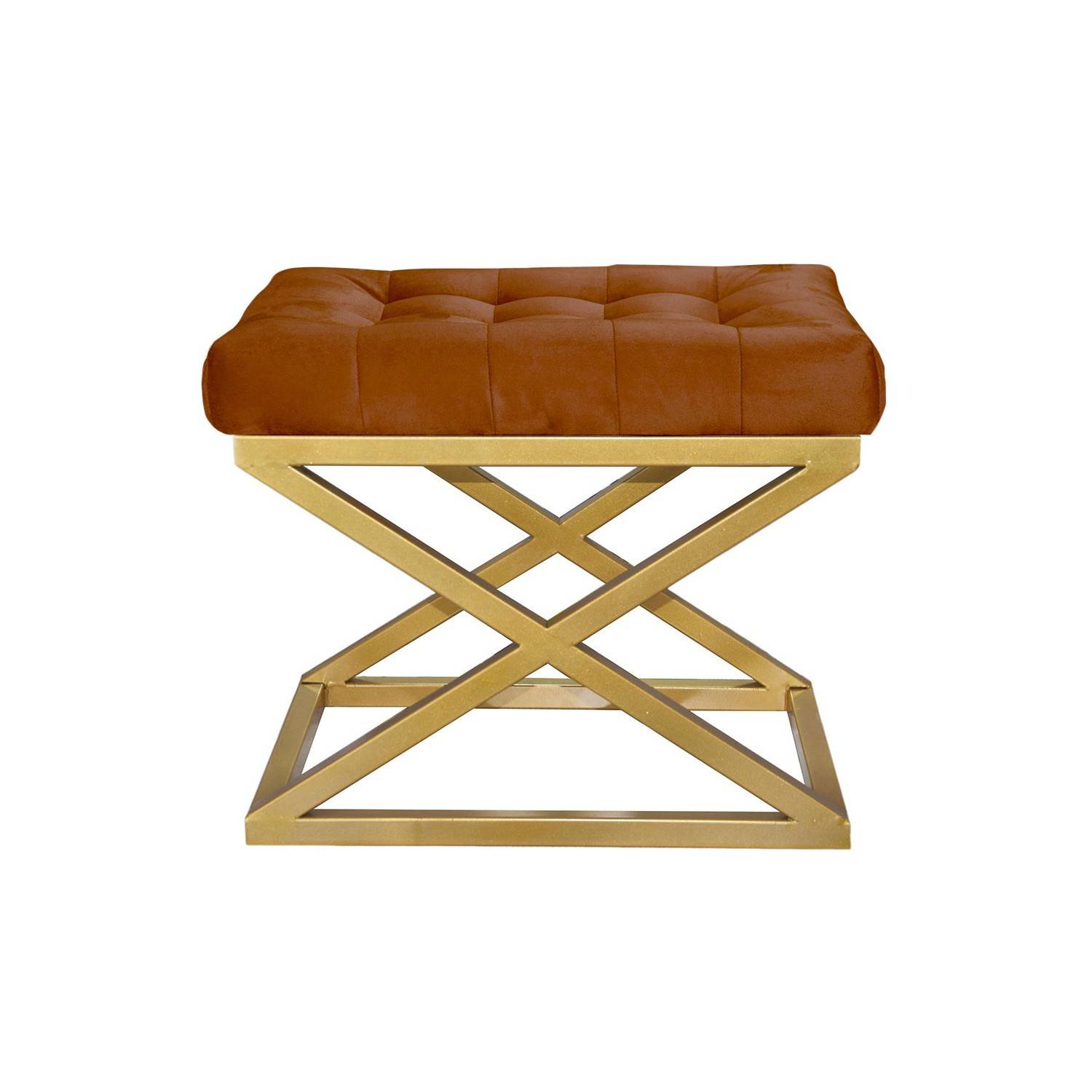 Taburete Ulad de metal dorado y terciopelo terracota, asiento tapizado