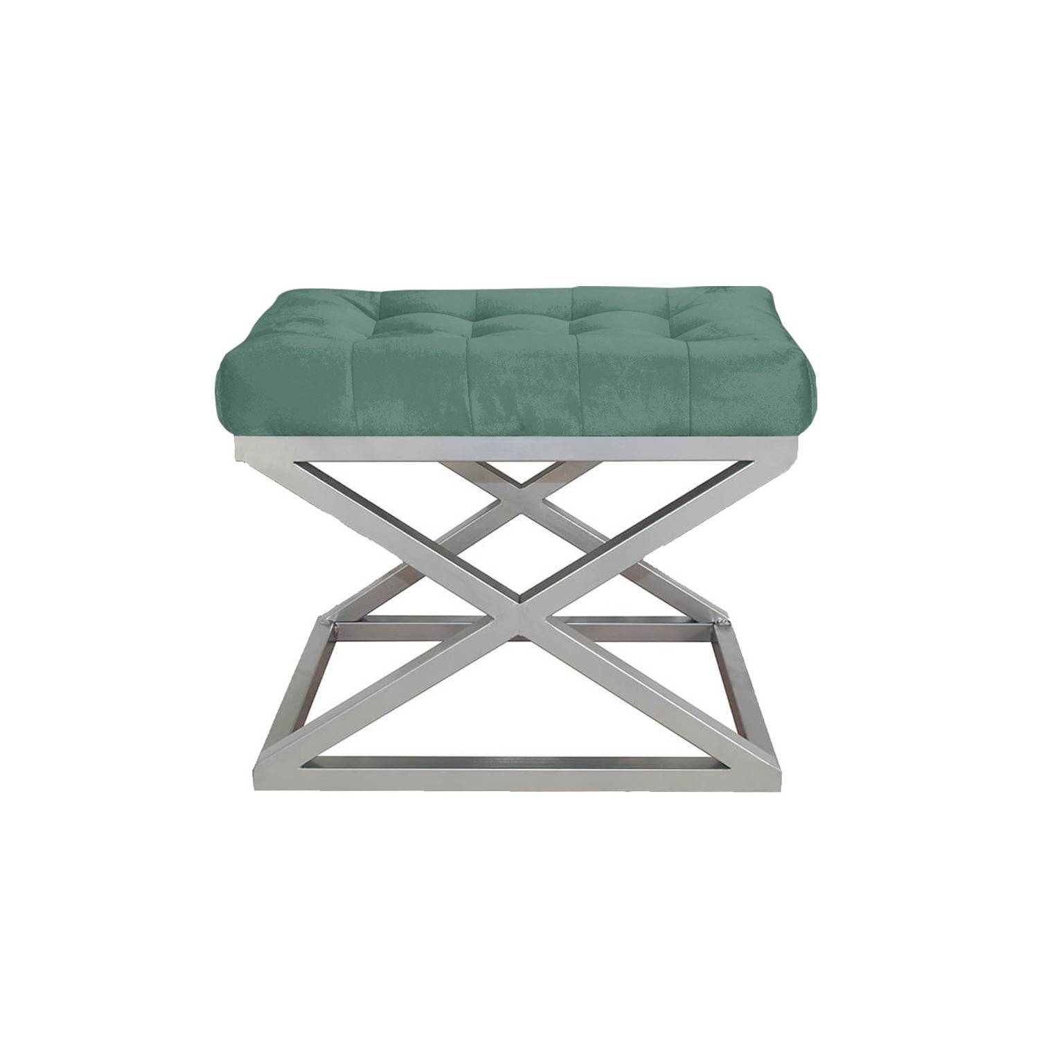 Taburete Ulad de metal plateado y terciopelo verde con asiento tapizado