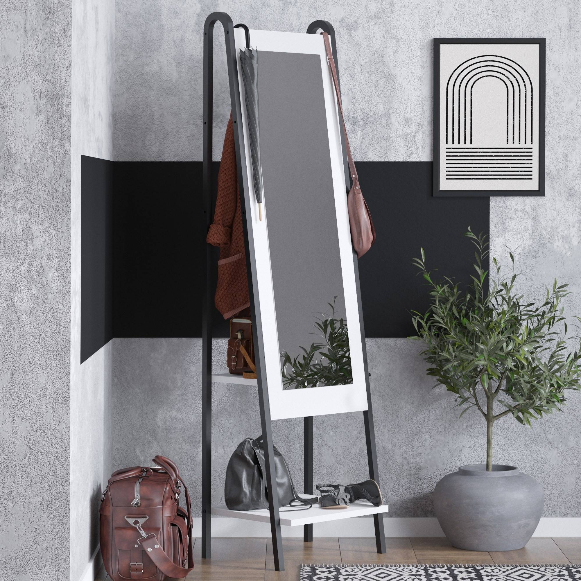 Mobile da corridoio in stile industriale con specchio Midar L44xH170cm  Metallo nero e legno bianco