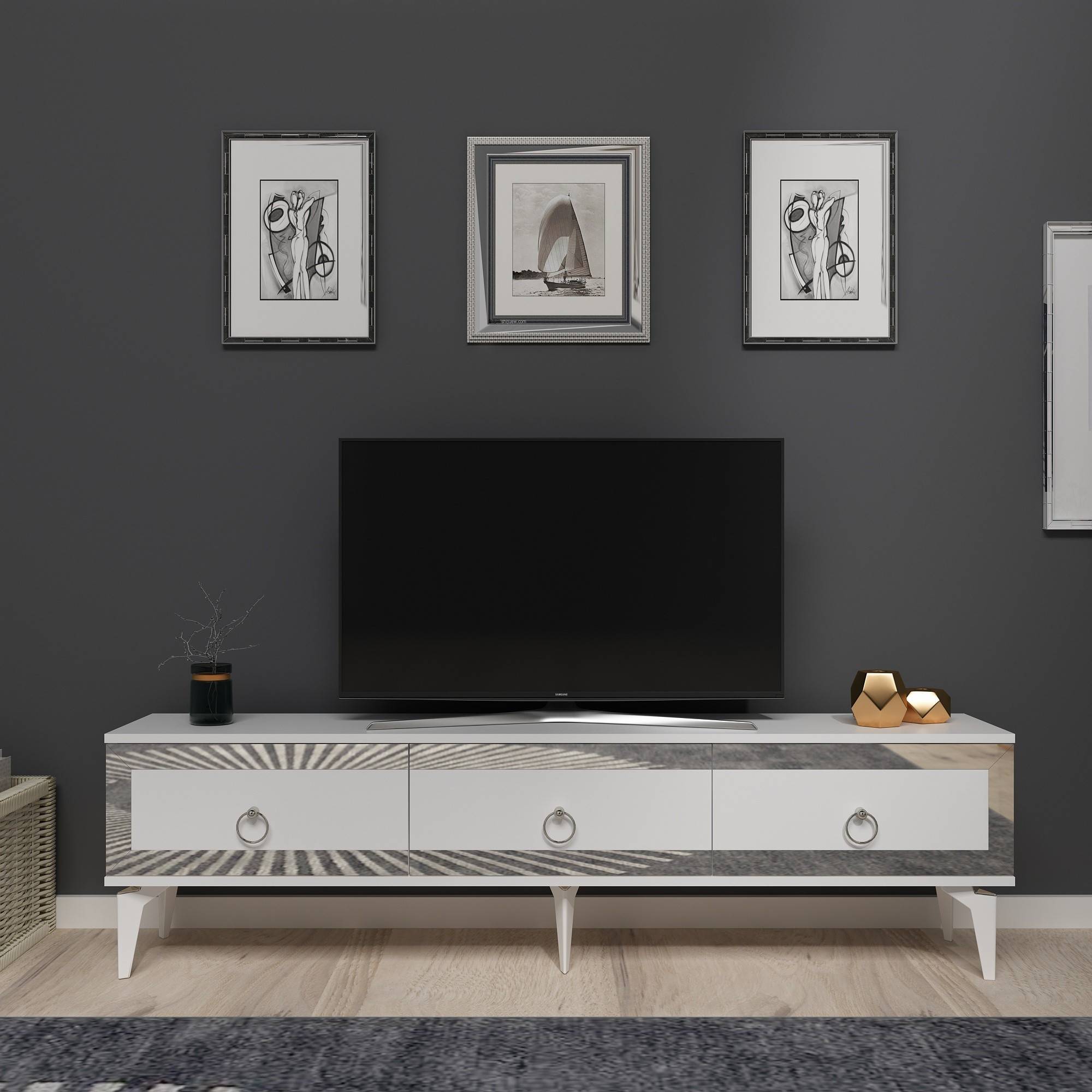 Meuble tv moderne Karinox L180cm Blanc et Effet miroir Argent