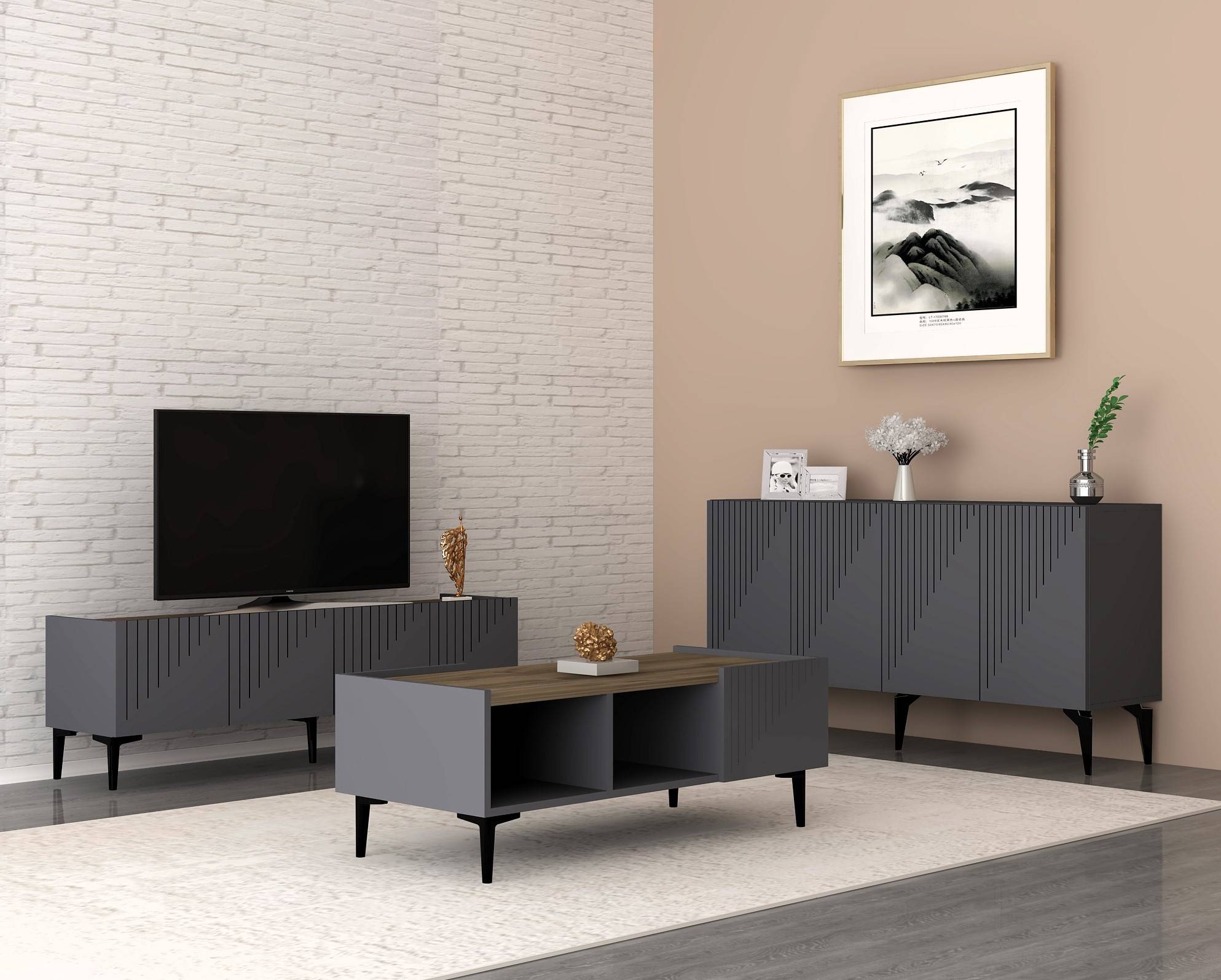 Outhos 3-delige moderne woonkamer set Donker hout en antraciet