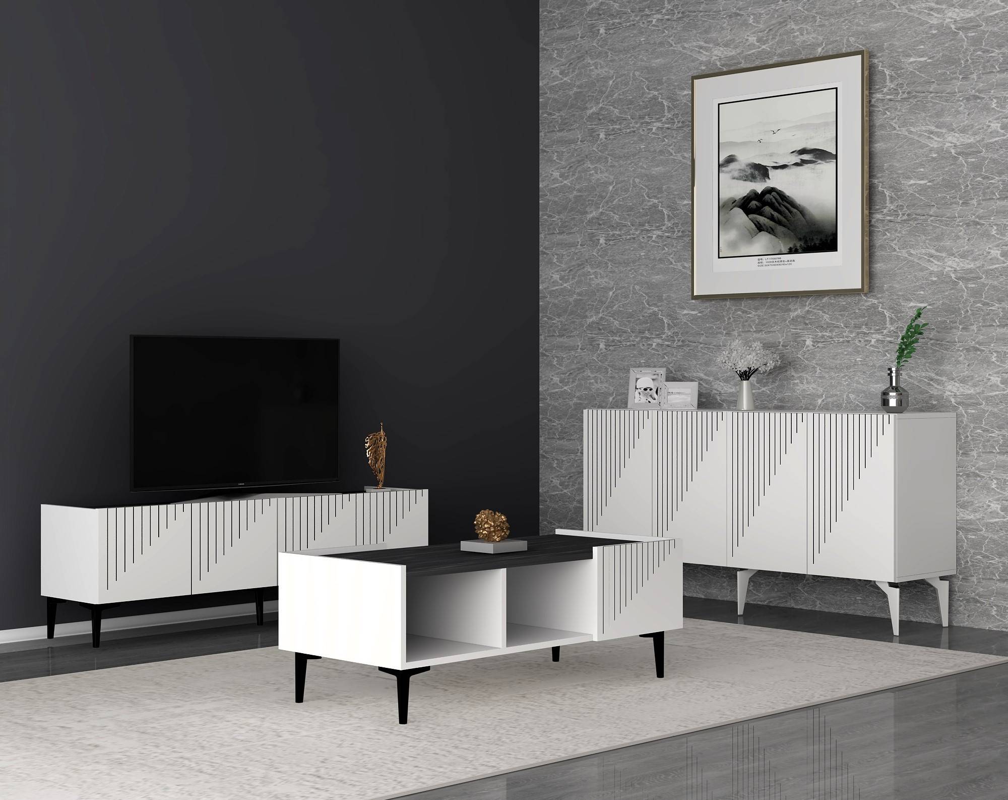 Moderne Wohnzimmergarnitur Outhos 3 Möbelstücke Weiß und Schwarz