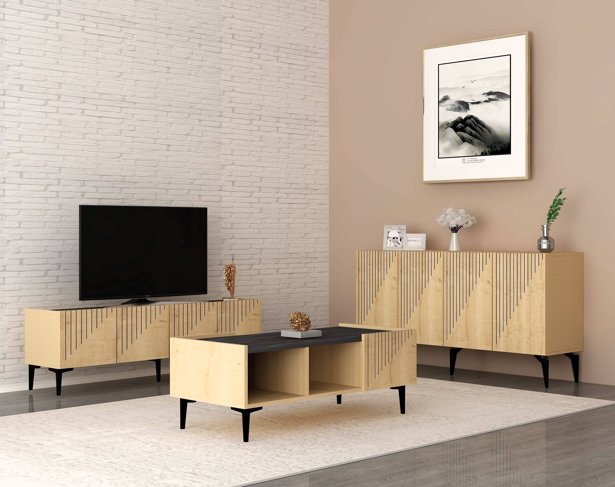 Outhos 3-delige moderne woonkamer set Zwart marmer effect en licht eiken