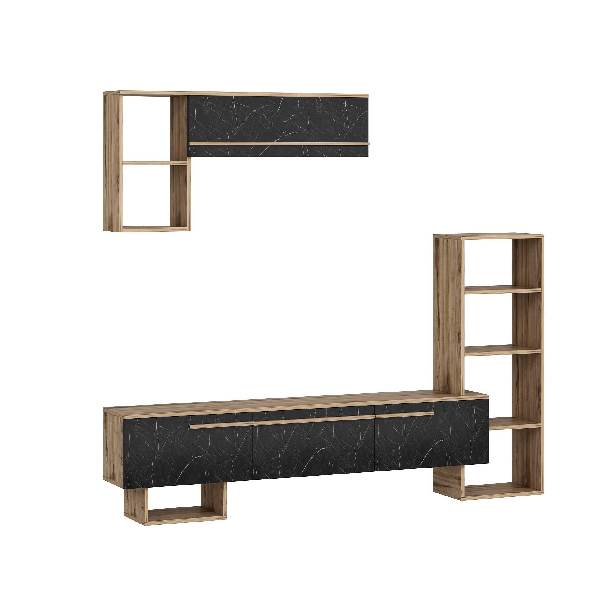 TV-meubel met ingebouwde plank en Sharpie wandplank Licht hout en zwart marmereffect