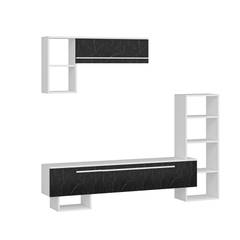 TV-Möbel-Set mit integriertem Regal und Wandregal Sharpie Weiß und Marmoreffekt Schwarz