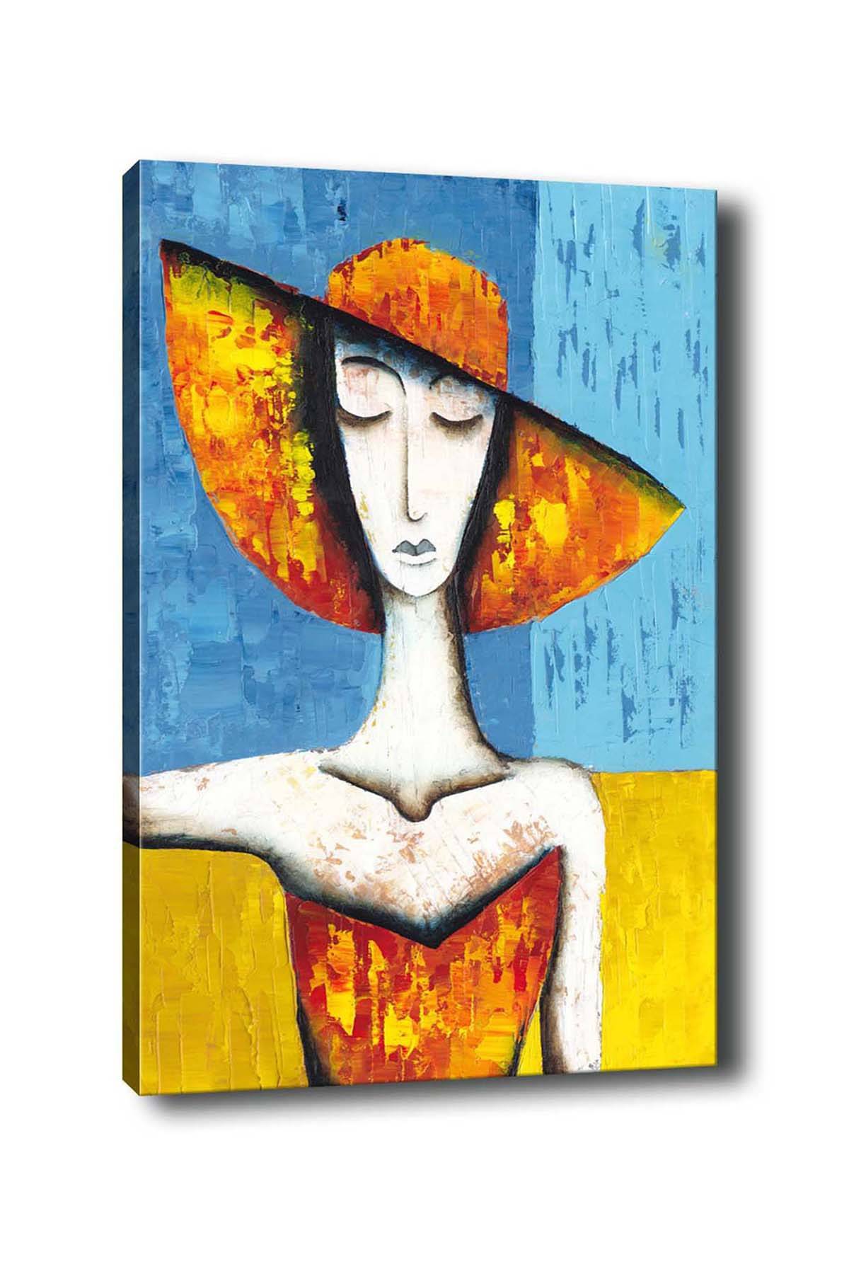 Tableau décoratif Pola L50xH70cm Motif abstrait, Portrait femme avec chapeau Blanc, Orange et Bleu