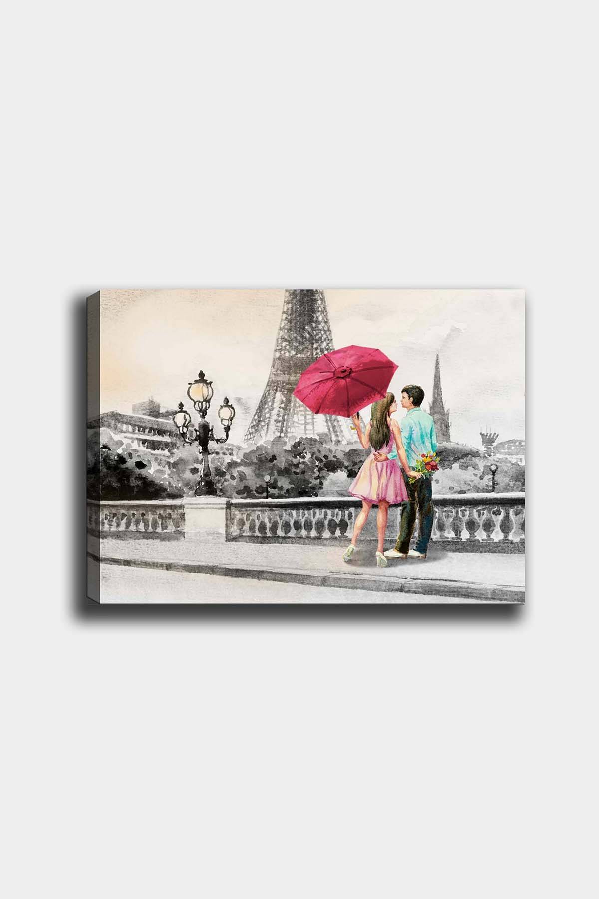 Quadro decorativo Joy L50xH70cm Motivo in legno Coppia di innamorati, Torre Eiffel Grigio, Rosso e Turchese
