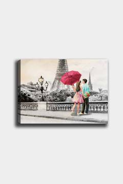 Tableau décoratif Joy L50xH70cm Bois Motif Couple amoureux, Tour Eiffel Gris, Rouge et Turquoise