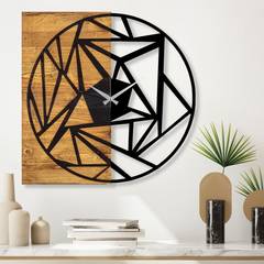 Chayra wandklok B58xH60cm Geometrisch patroon Donker hout en zwart metaal