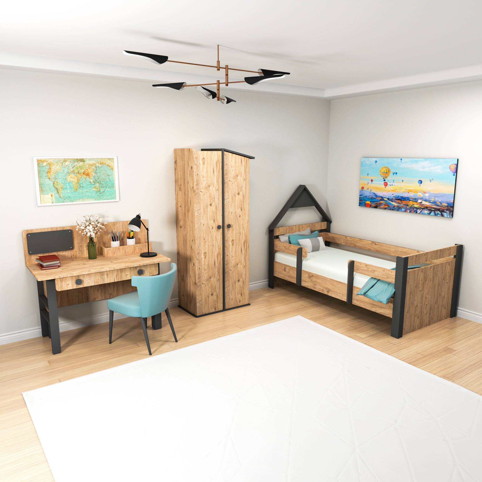 Kinderslaapkamer Donall met bed 90x190cm, kledingkast en bureau Natuurlijk hout en antraciet