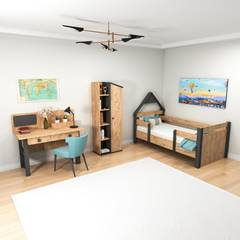 Chambre à coucher pour enfant Donall avec lit 90x190cm, bibliothèque et bureau Bois naturel et Anthracite