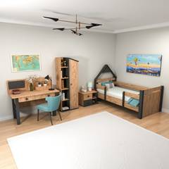 Chambre à coucher pour enfant Donall avec lit 90x190cm, table de chevet, bibliothèque et bureau Bois naturel et Anthracite