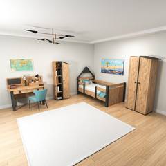 Kinderslaapkamer Donall met bed 90x190cm, bureau, boekenkast en kledingkast Natuurlijk hout en antraciet