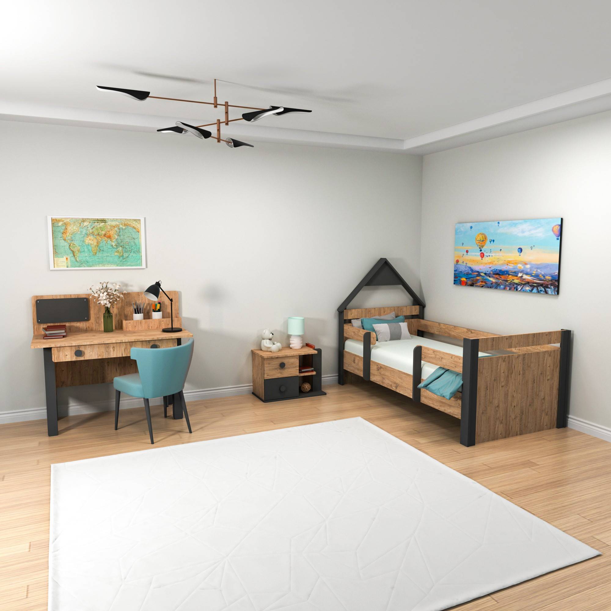 Chambre à coucher pour enfant Donall avec lit 90x190cm, table de chevet et bureau Bois naturel et Anthracite