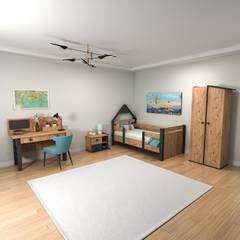 Chambre à coucher pour enfant Donall avec lit 90x190cm, table de chevet, armoire et bureau Bois naturel et Anthracite