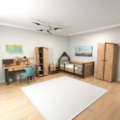 Chambre à coucher pour enfant Donall avec lit 90x190cm, table de chevet, bureau, bibliothèque et armoire Bois naturel et Anthracite