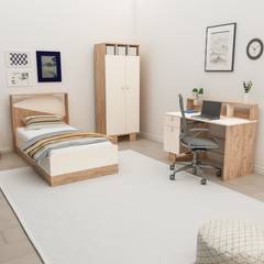 Dormitorio infantil Fajah con cama 90x190cm, armario y escritorio Madera clara y Beige