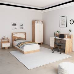 Dormitorio infantil Fajah con cama 90x190cm, mesita de noche, armario y escritorio Madera clara y Beige
