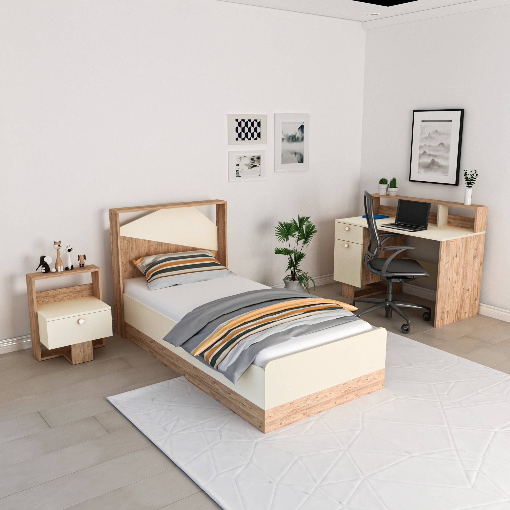 Dormitorio infantil Fajah con cama 90x190cm, mesita de noche y escritorio Madera clara y Beige