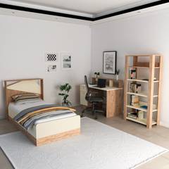 Kinderschlafzimmer Fajah mit Bett 90x190cm, Schreibtisch und Bücherregal Helles Holz und Beige