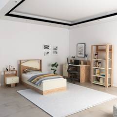 Chambre à coucher pour enfant Fajah avec lit 90x190cm, table de chevet, bureau et bibliothèque Bois clair et Beige