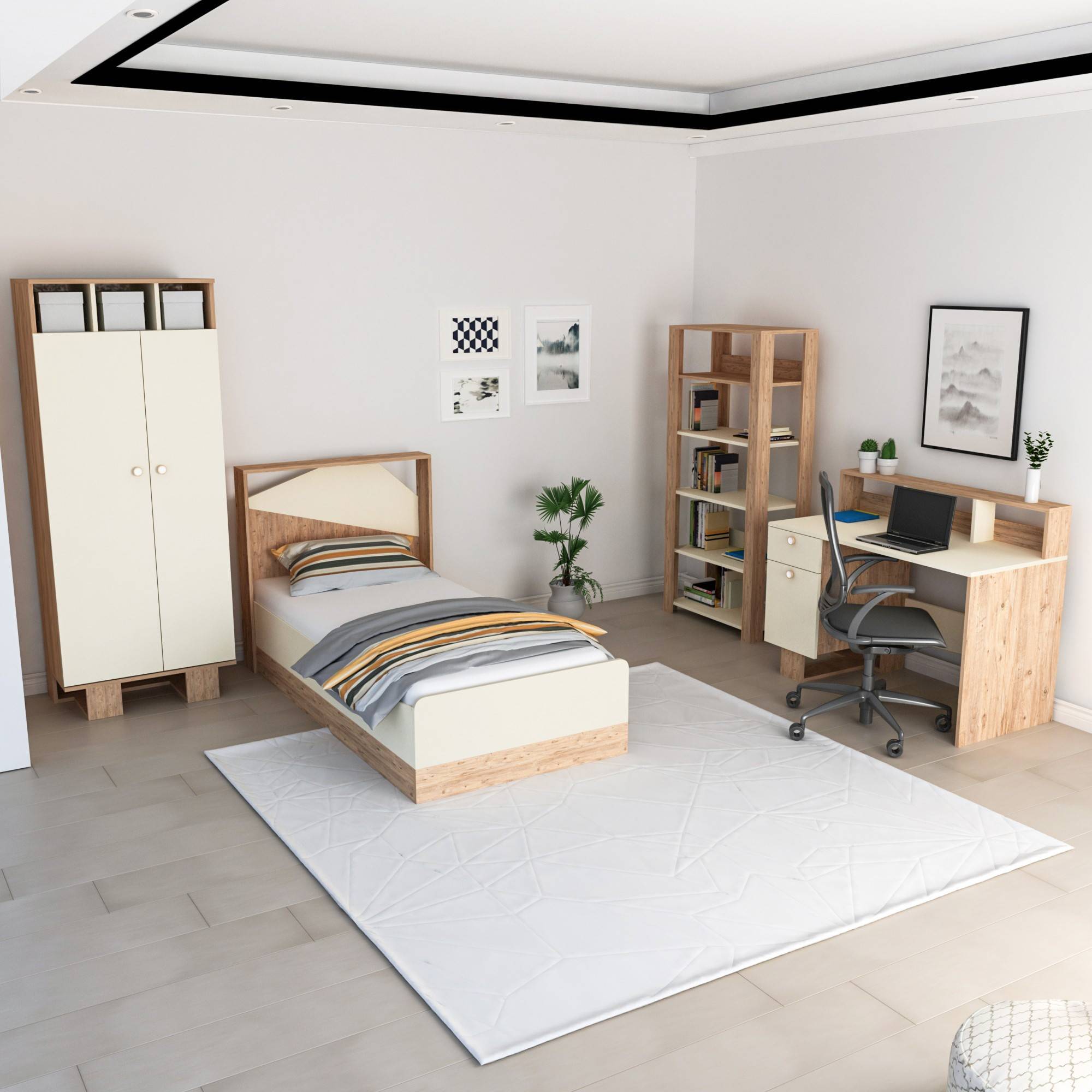 Chambre à coucher pour enfant Fajah avec lit 90x190cm, armoire, bureau et bibliothèque Bois clair et Beige