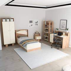 Chambre à coucher pour enfant Fajah avec lit 90x190cm, table de chevet, armoire, bureau et bibliothèque Bois clair et Beige